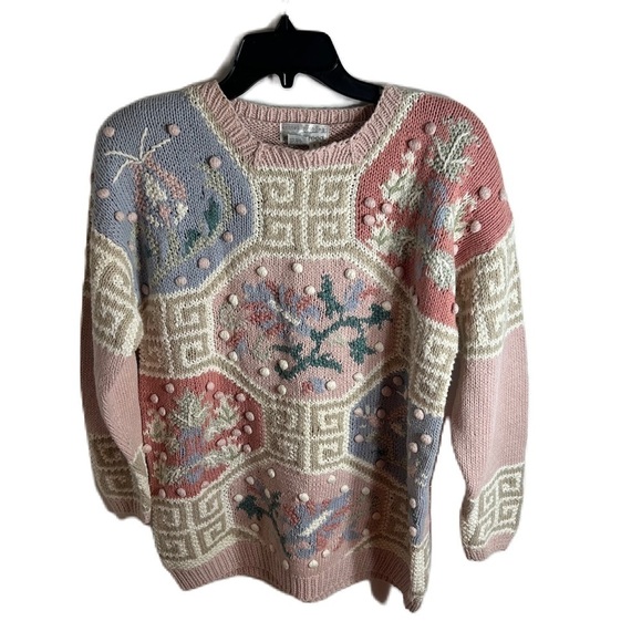 Vintage Knitted By Hand Jennifer Reed Pom Ball Pastel Floral Sweater Small - Picture 1 of 5